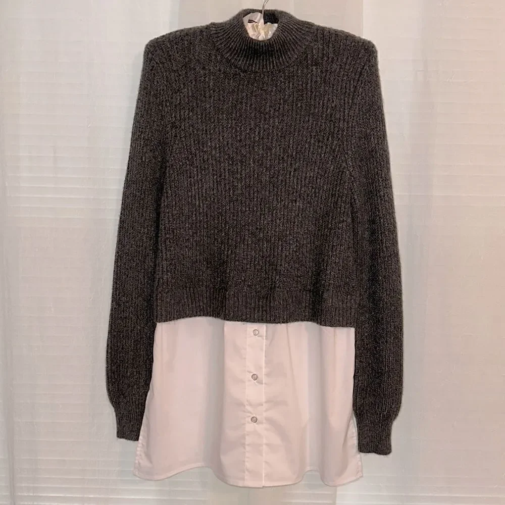 Halston M Charcoal Gray White Cotton Shirt Combo Knit Mock Neck Sweater